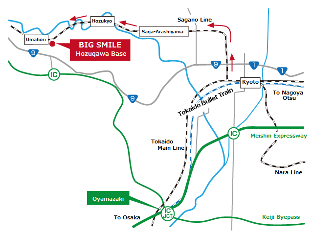 HozuRiver full-day rafting access map Access by train